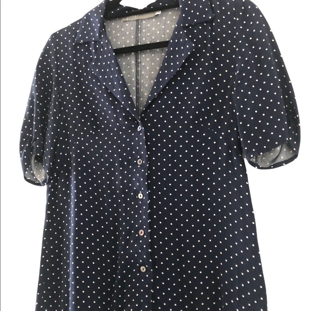 S/S Navy Button-Up Blouse with Polka Dots
